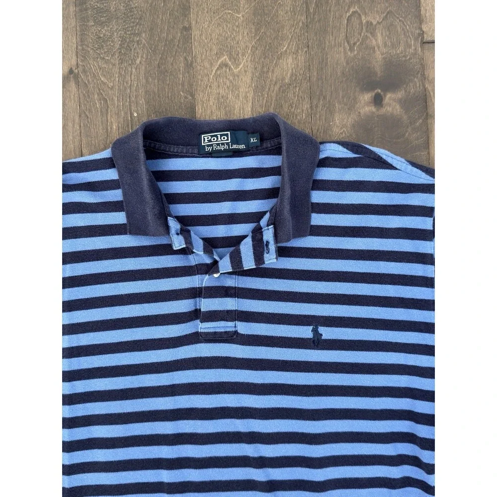 Polo Ralph Lauren Mens XL Short Sleeve Striped Mesh Polo Shirt Navy Blue